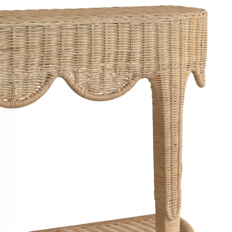 Worlds Away Scalloped Top Demi Lune Console In Woven Rattan With Open Shelf