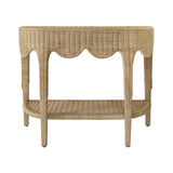 Worlds Away Scalloped Top Demi Lune Console In Woven Rattan With Open Shelf