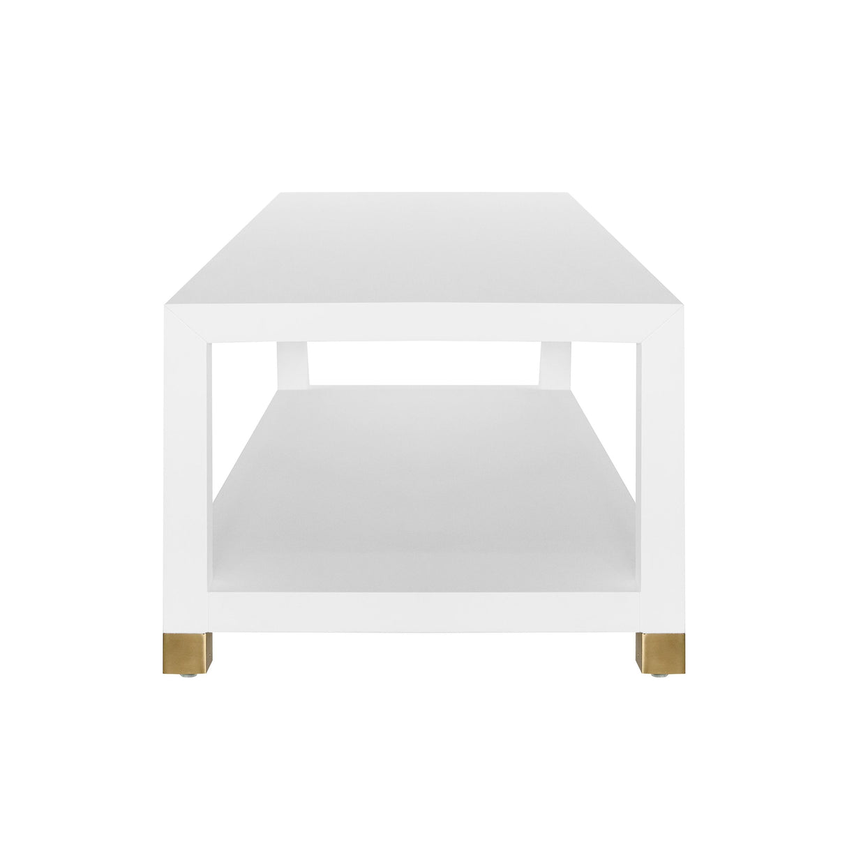 Worlds Away Coffee Table With Antique Brass Foot Caps In Matte White Lacquer