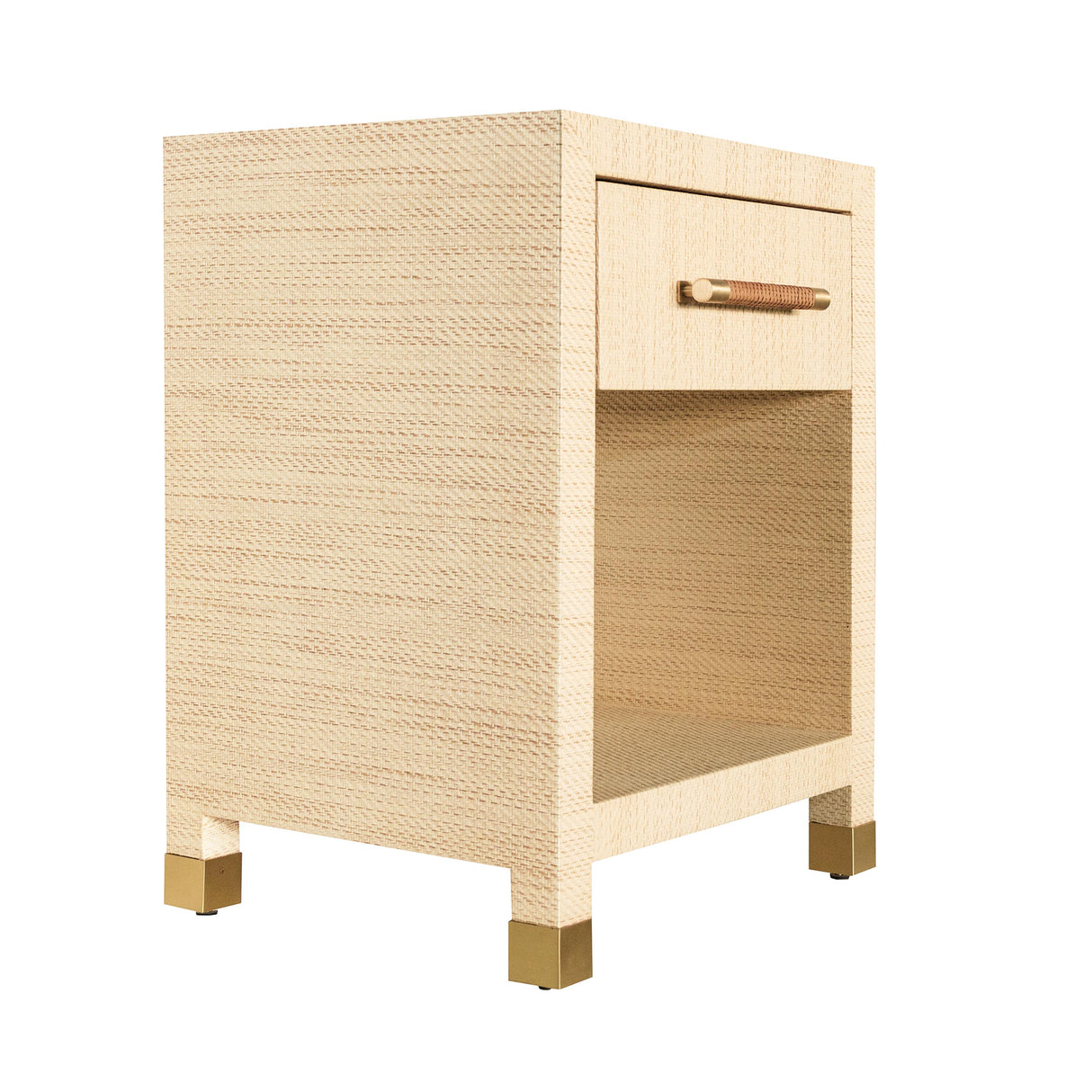 Worlds Away One Drawer Side Table With Rattan Wrapped Handle In Natural Grasscloth
