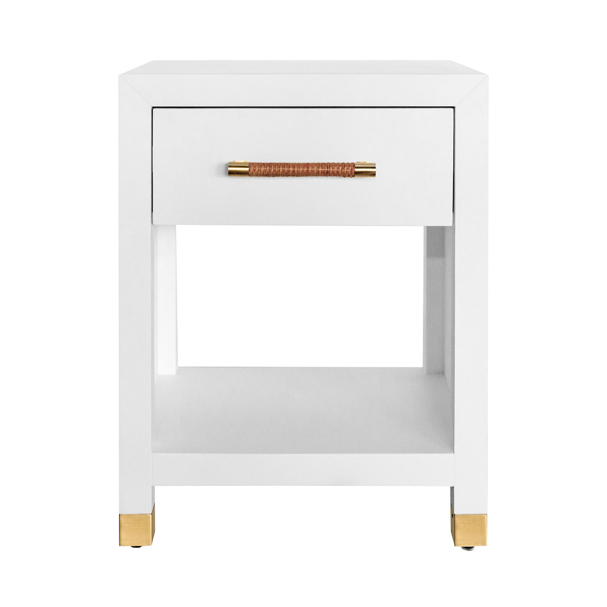 Worlds Away One Drawer Side Table With Rattan Wrapped Handle In Matte White Lacquer