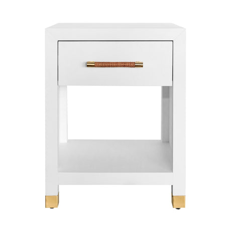 Worlds Away One Drawer Side Table With Rattan Wrapped Handle In Matte White Lacquer