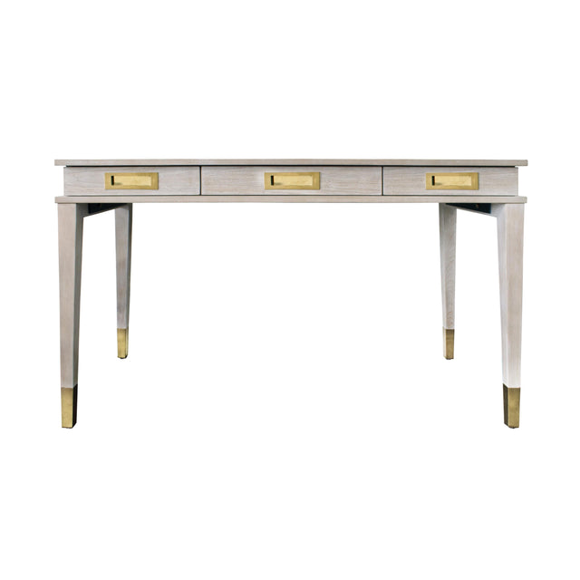 Worlds Away Three Drawer Desk With Brass Details In Cerused Oak