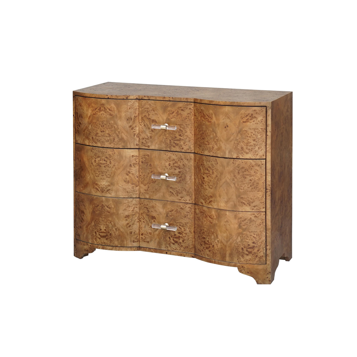 Worlds Away 3 Drawer Chest In Dark Burl Wood With Acrylic Hardware