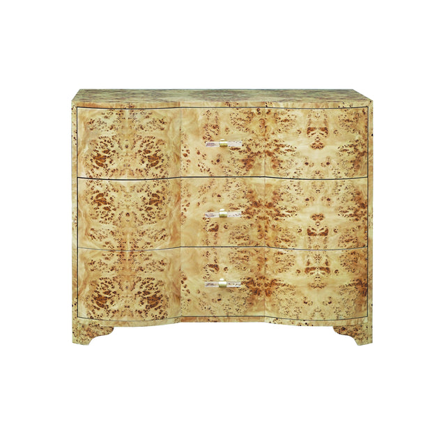Worlds Away Three Drawer Chest In Burl Wood With Acrylic Hardware