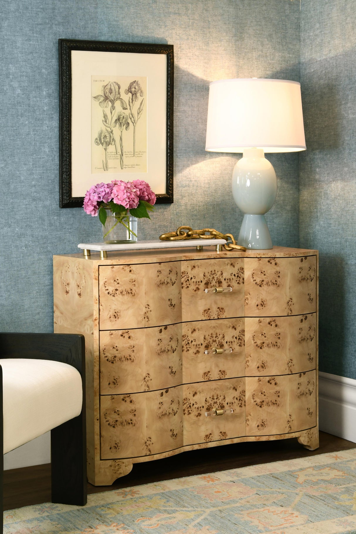 Worlds Away Three Drawer Chest In Burl Wood With Acrylic Hardware
