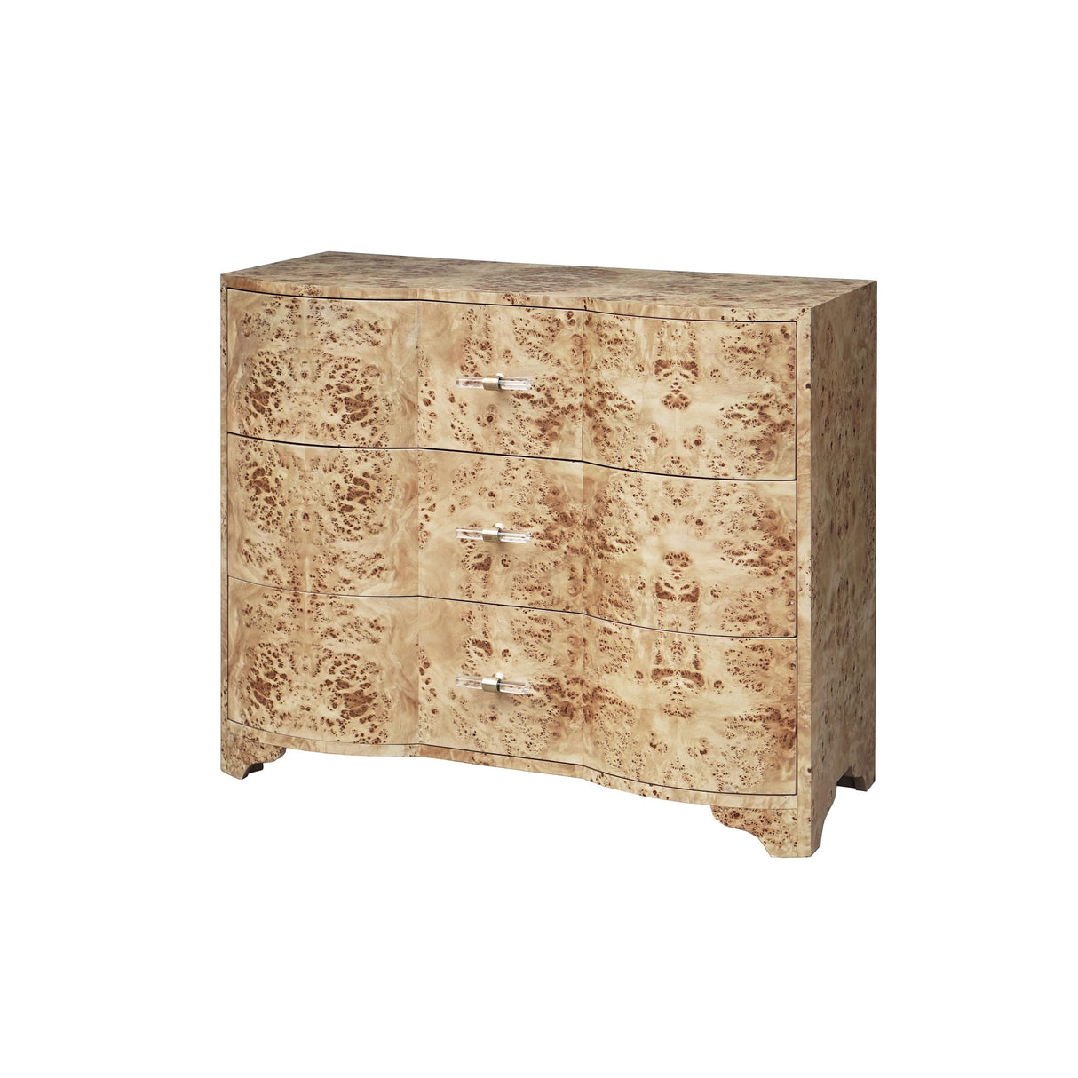 Worlds Away Three Drawer Chest In Burl Wood With Acrylic Hardware