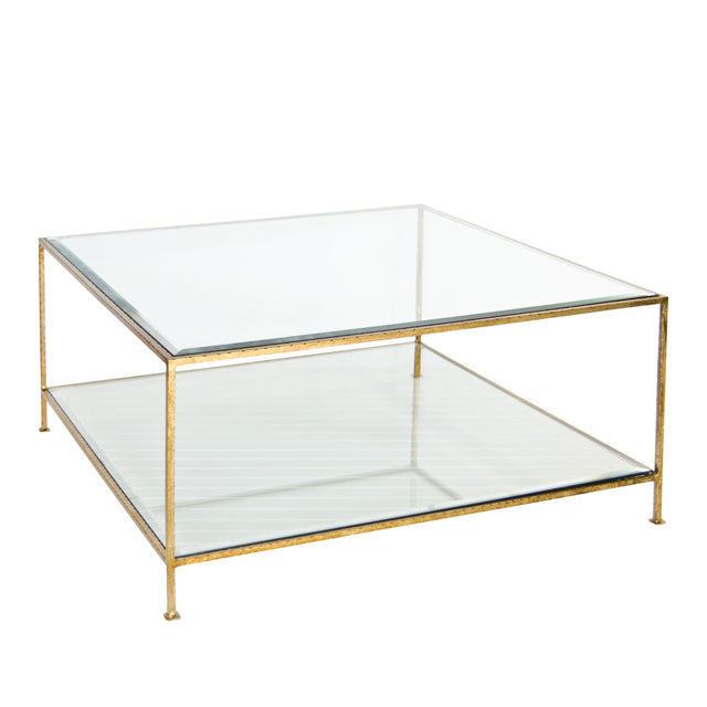 Worlds Away Hammered Gold Lf Square Coffee Table W Bvld Glass