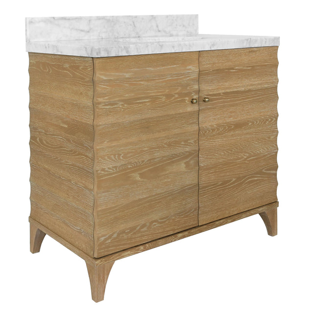 Worlds Away Bath Vanity With Horizontal Fluted Detail In Cerused Oak With White Marble Top, Porcelain Sink, And Polished Brass Knobs