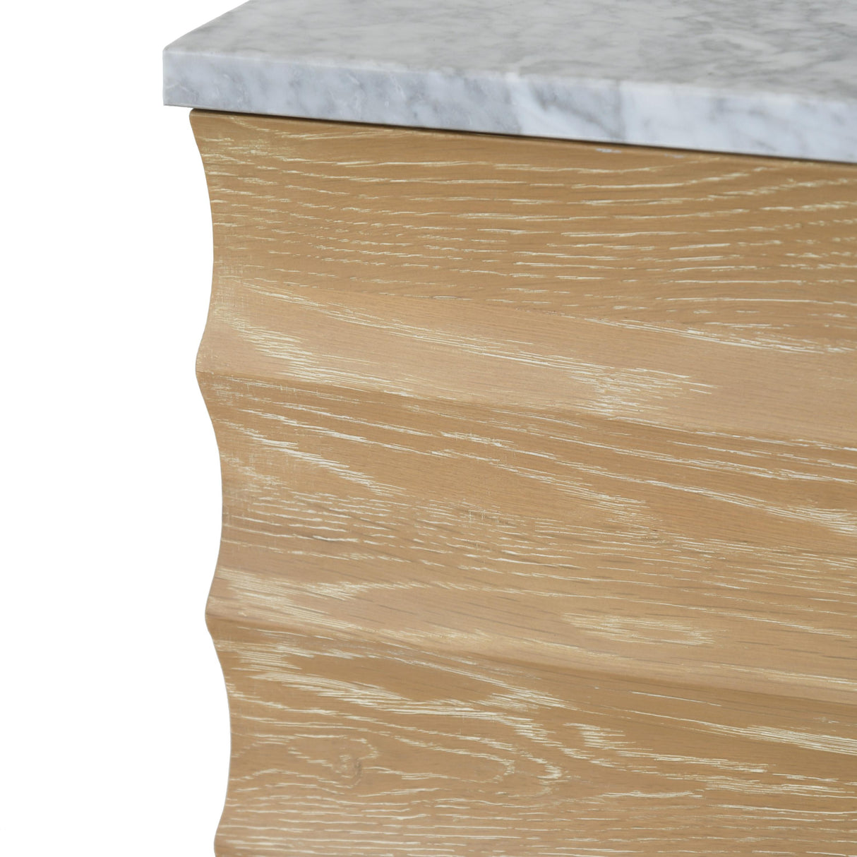 Worlds Away Bath Vanity With Horizontal Fluted Detail In Cerused Oak With White Marble Top, Porcelain Sink, And Polished Brass Knobs