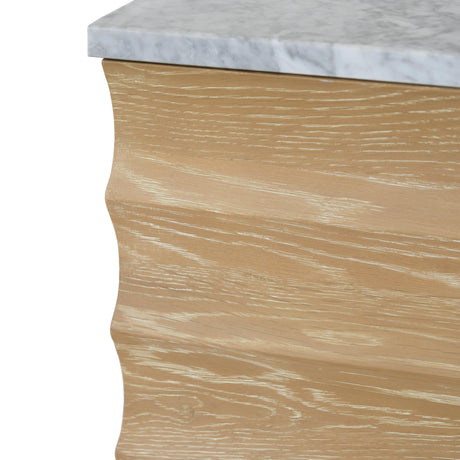 Worlds Away Bath Vanity With Horizontal Fluted Detail In Cerused Oak With White Marble Top, Porcelain Sink, And Polished Brass Knobs