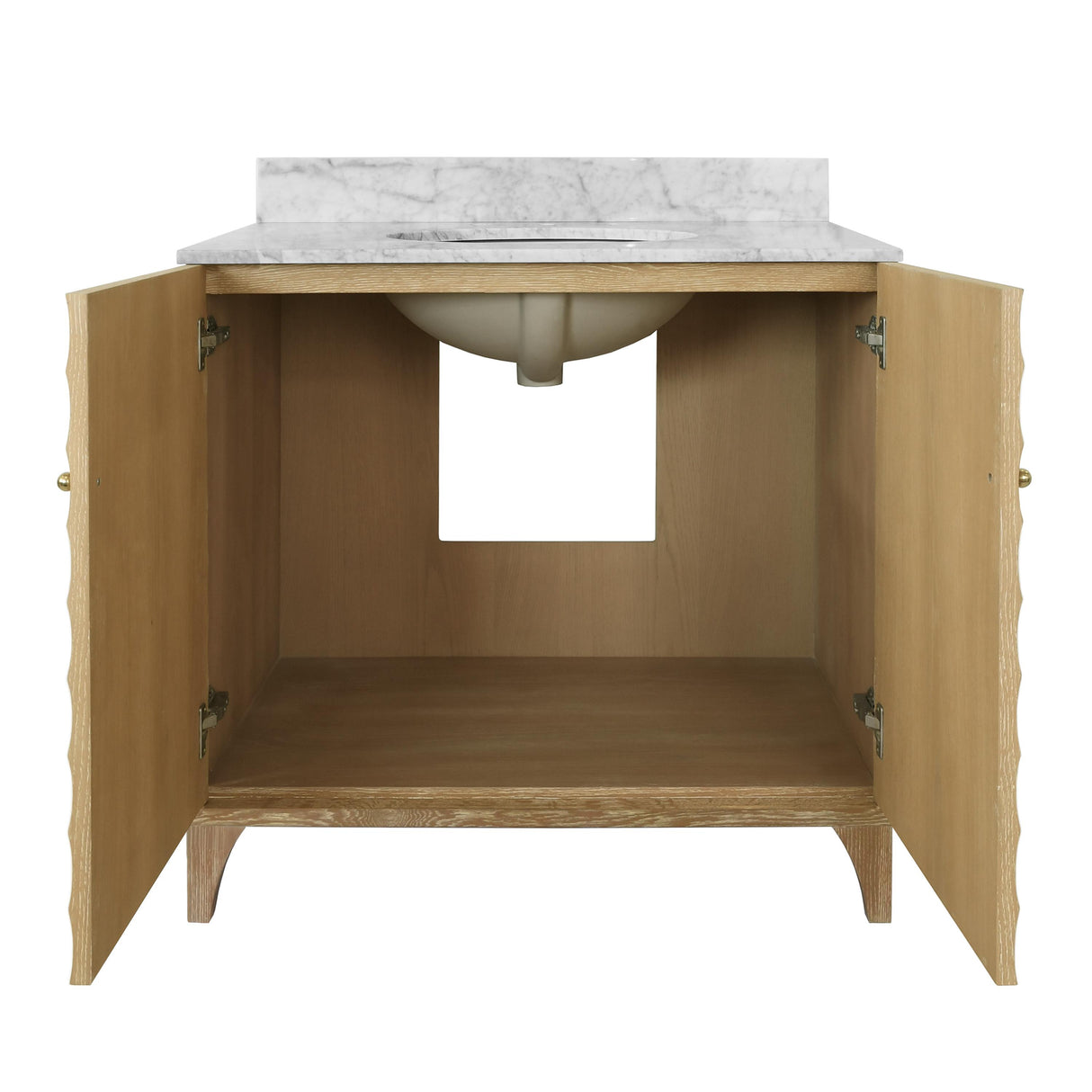 Worlds Away Bath Vanity With Horizontal Fluted Detail In Cerused Oak With White Marble Top, Porcelain Sink, And Polished Brass Knobs