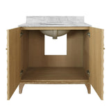 Worlds Away Bath Vanity With Horizontal Fluted Detail In Cerused Oak With White Marble Top, Porcelain Sink, And Polished Brass Knobs