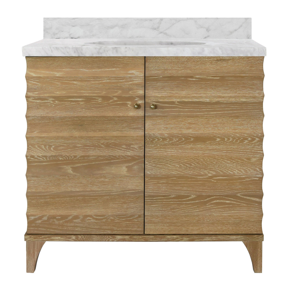 Worlds Away Bath Vanity With Horizontal Fluted Detail In Cerused Oak With White Marble Top, Porcelain Sink, And Polished Brass Knobs