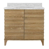 Worlds Away Bath Vanity With Horizontal Fluted Detail In Cerused Oak With White Marble Top, Porcelain Sink, And Polished Brass Knobs