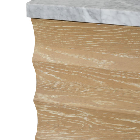 Worlds Away Bath Vanity With Horizontal Fluted Detail In Cerused Oak With White Marble Top, Porcelain Sink, And Polished Brass Knobs