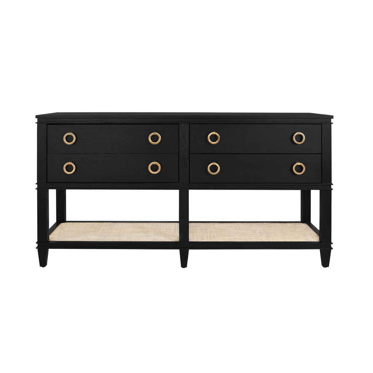 Worlds Away Four Drawer Console With Open Cane Shelf In Black Oak