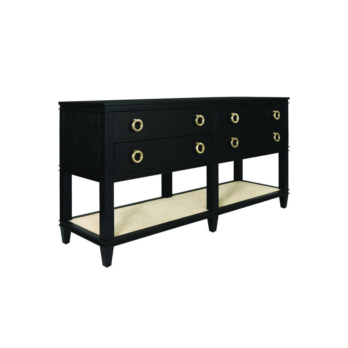 Worlds Away Four Drawer Console With Open Cane Shelf In Black Oak
