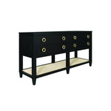 Worlds Away Four Drawer Console With Open Cane Shelf In Black Oak