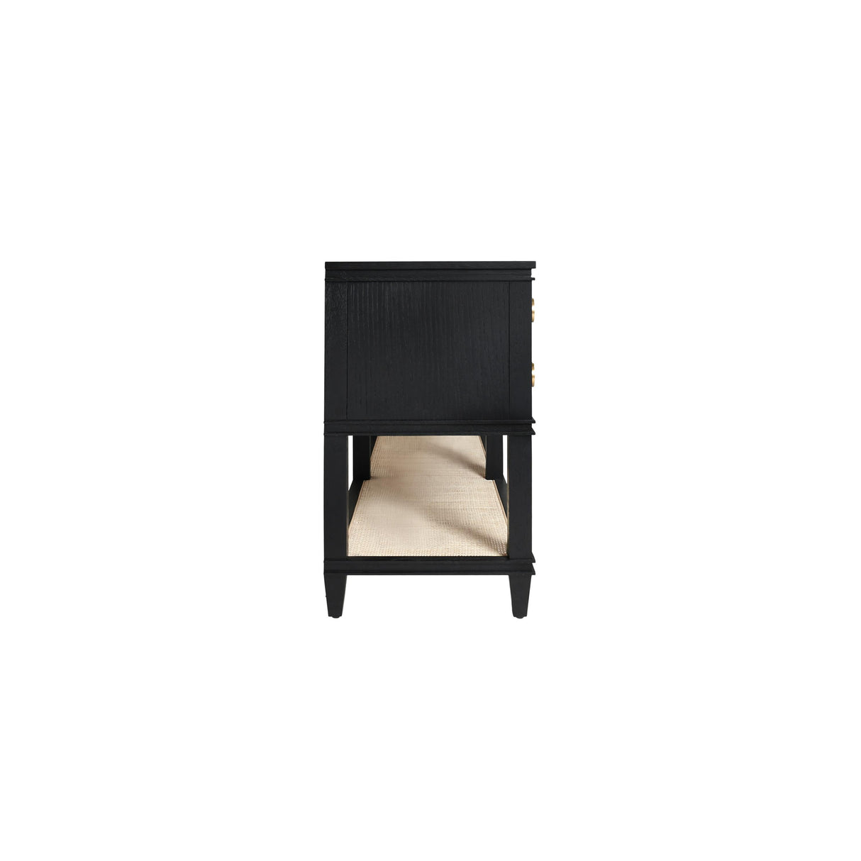 Worlds Away Four Drawer Console With Open Cane Shelf In Black Oak