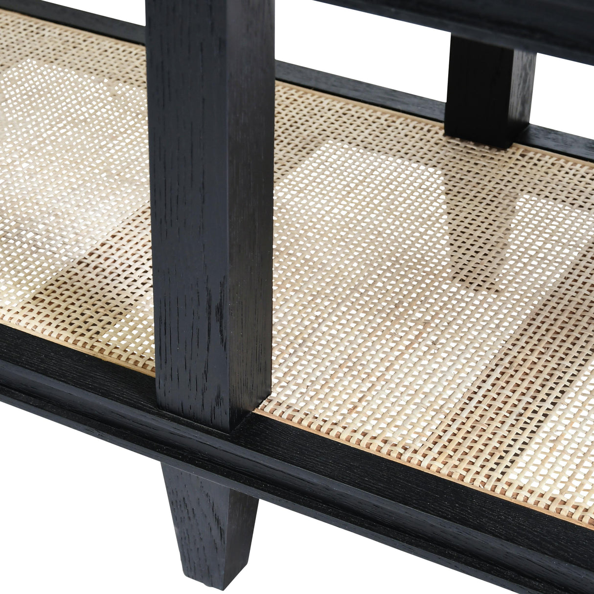 Worlds Away Four Drawer Console With Open Cane Shelf In Black Oak