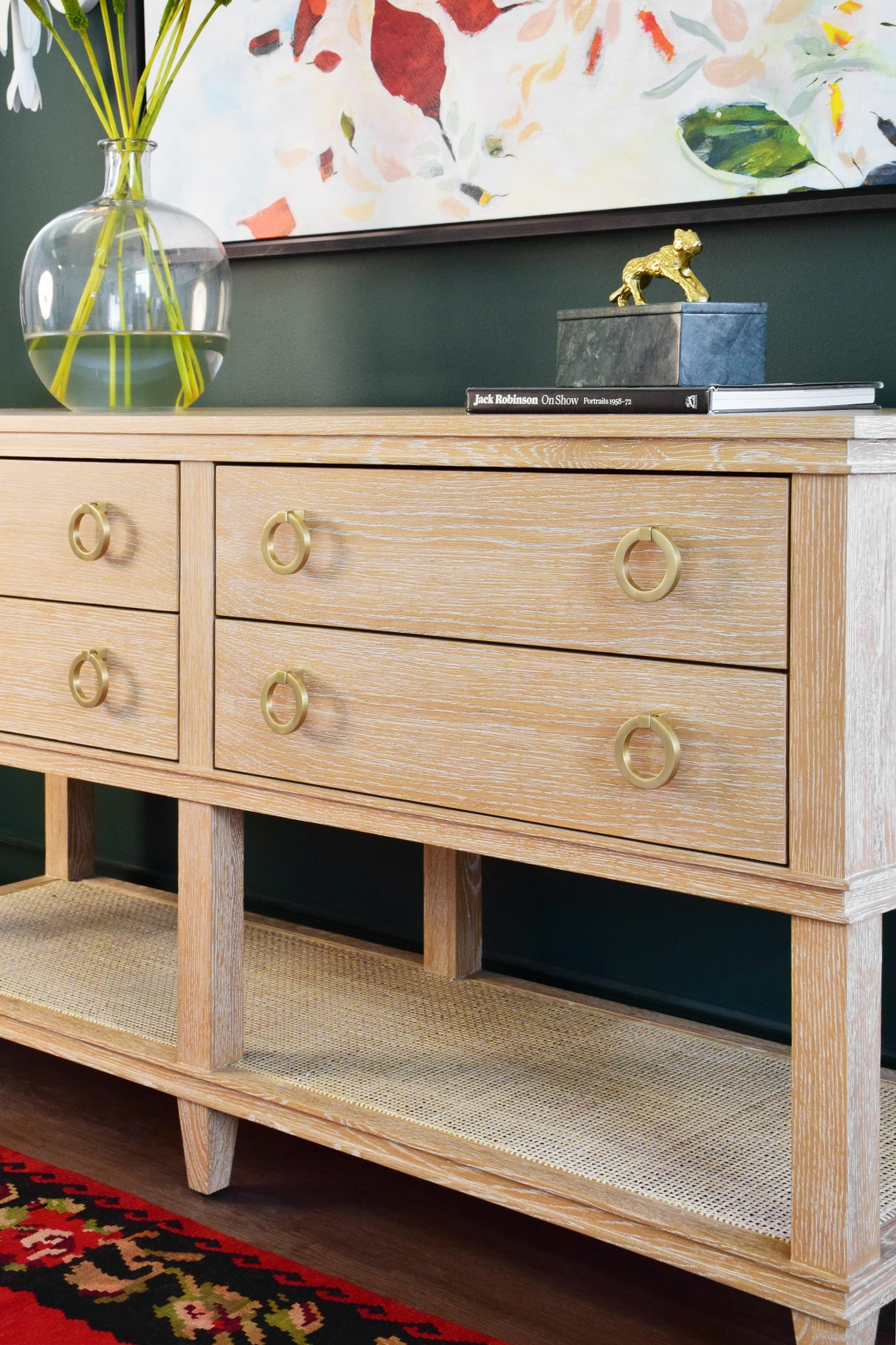 Worlds Away Four Drawer Console With Open Cane Shelf In Cerused Oak