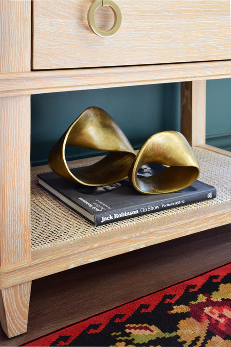 Worlds Away Four Drawer Console With Open Cane Shelf In Cerused Oak