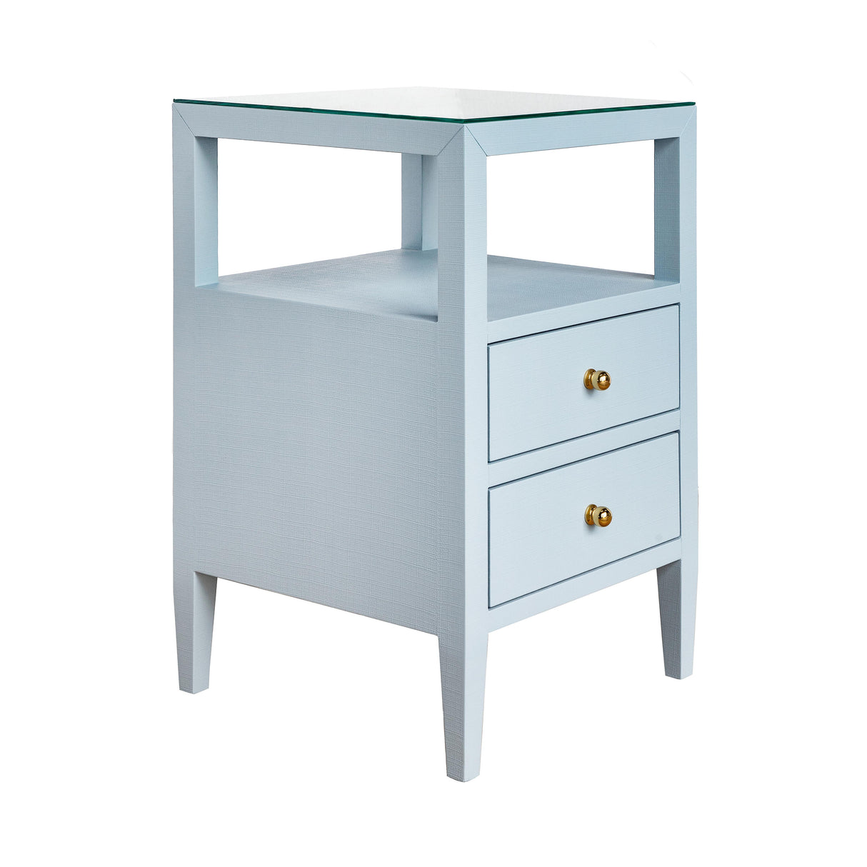 Worlds Away Two Drawer Side Table In Textured Light Blue Linen With Polished Brass Knobs