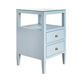 Worlds Away Two Drawer Side Table In Textured Light Blue Linen With Polished Brass Knobs