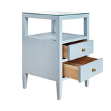 Worlds Away Two Drawer Side Table In Textured Light Blue Linen With Polished Brass Knobs