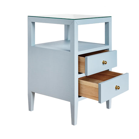 Worlds Away Two Drawer Side Table In Textured Light Blue Linen With Polished Brass Knobs