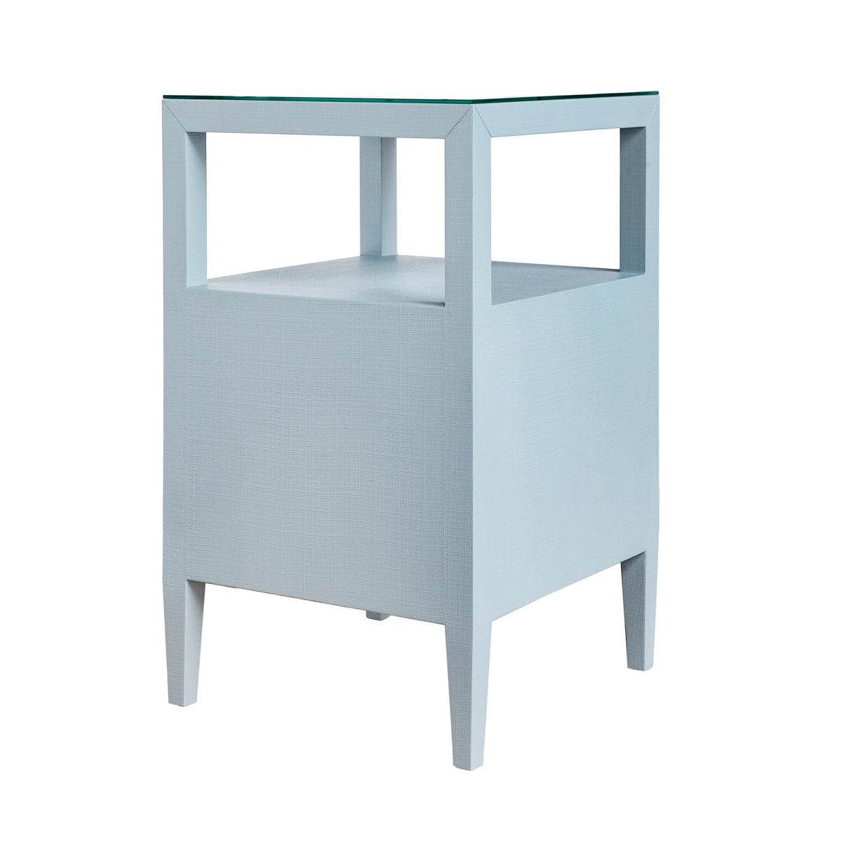 Worlds Away Two Drawer Side Table In Textured Light Blue Linen With Polished Brass Knobs
