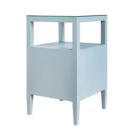 Worlds Away Two Drawer Side Table In Textured Light Blue Linen With Polished Brass Knobs