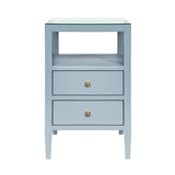 Worlds Away Two Drawer Side Table In Textured Light Blue Linen With Polished Brass Knobs