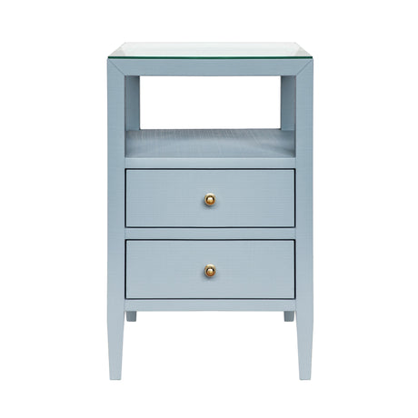Worlds Away Two Drawer Side Table In Textured Light Blue Linen With Polished Brass Knobs