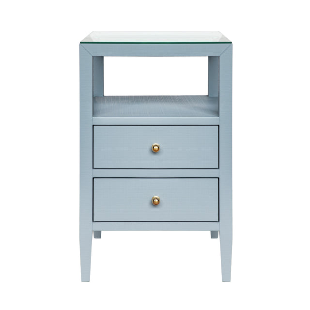 Worlds Away Two Drawer Side Table In Textured Light Blue Linen With Polished Brass Knobs