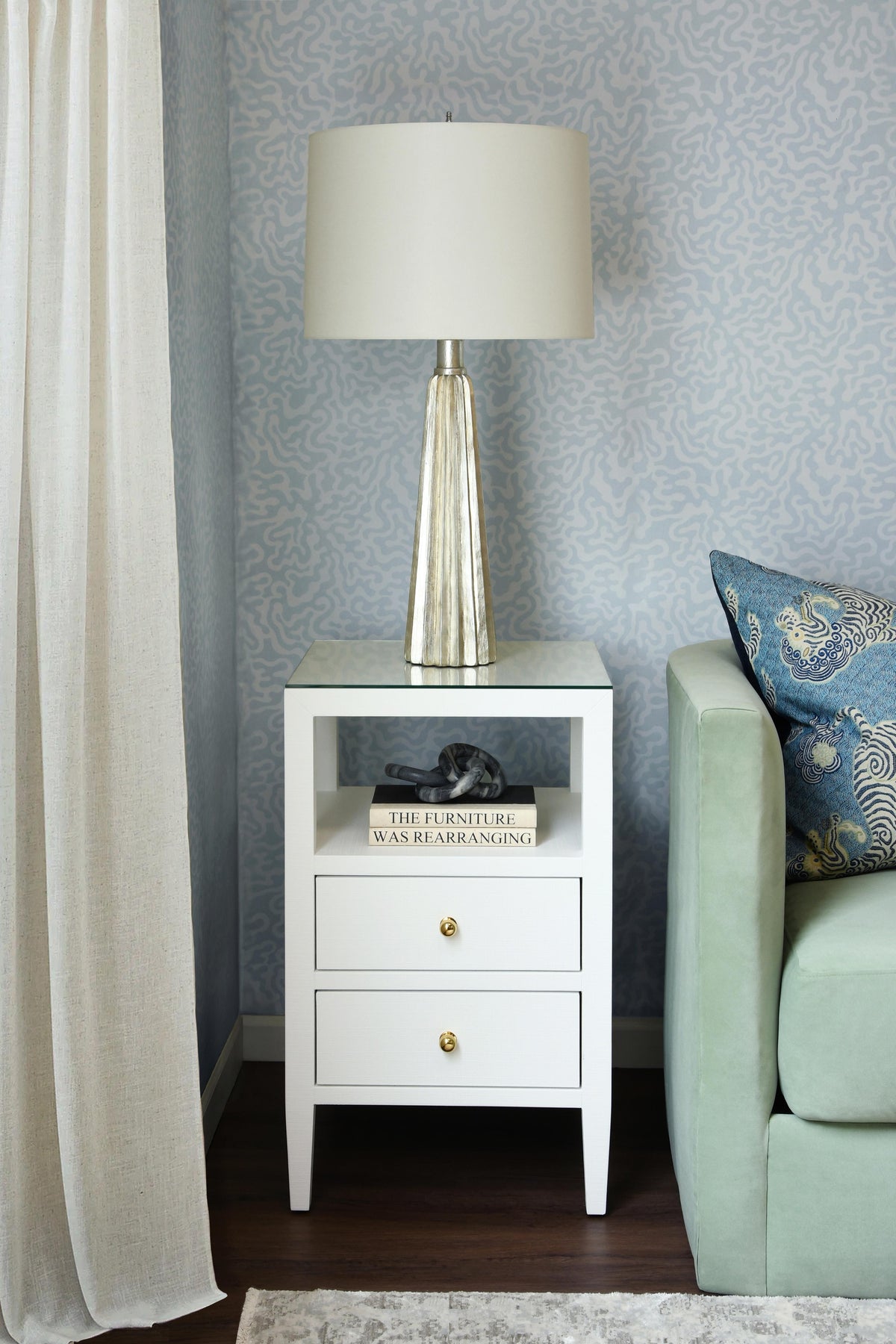 Worlds Away Two Drawer Side Table In Coated White Linen