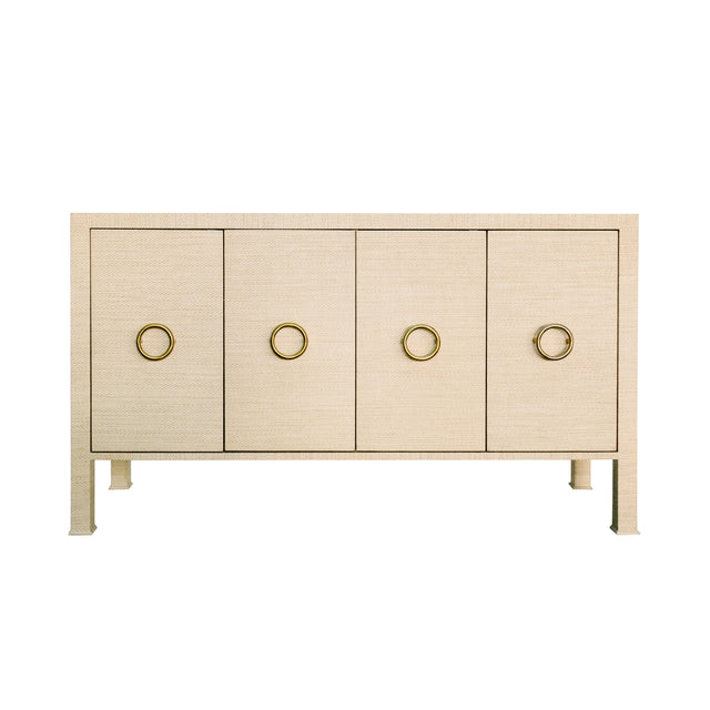 Worlds Away Four Door Buffet With Antique Brass Circle Hardware In Natural Grasscloth