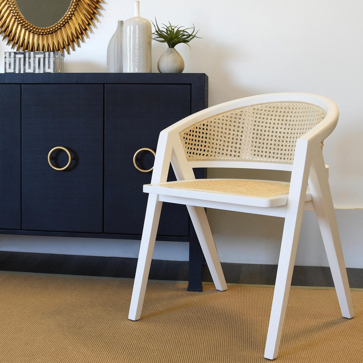 Worlds Away Four Door Buffet With Antique Brass Circle Hardware In Textured Navy Linen