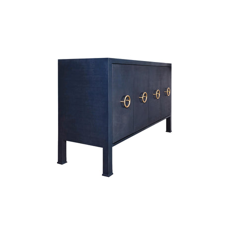 Worlds Away Four Door Buffet With Antique Brass Circle Hardware In Textured Navy Linen
