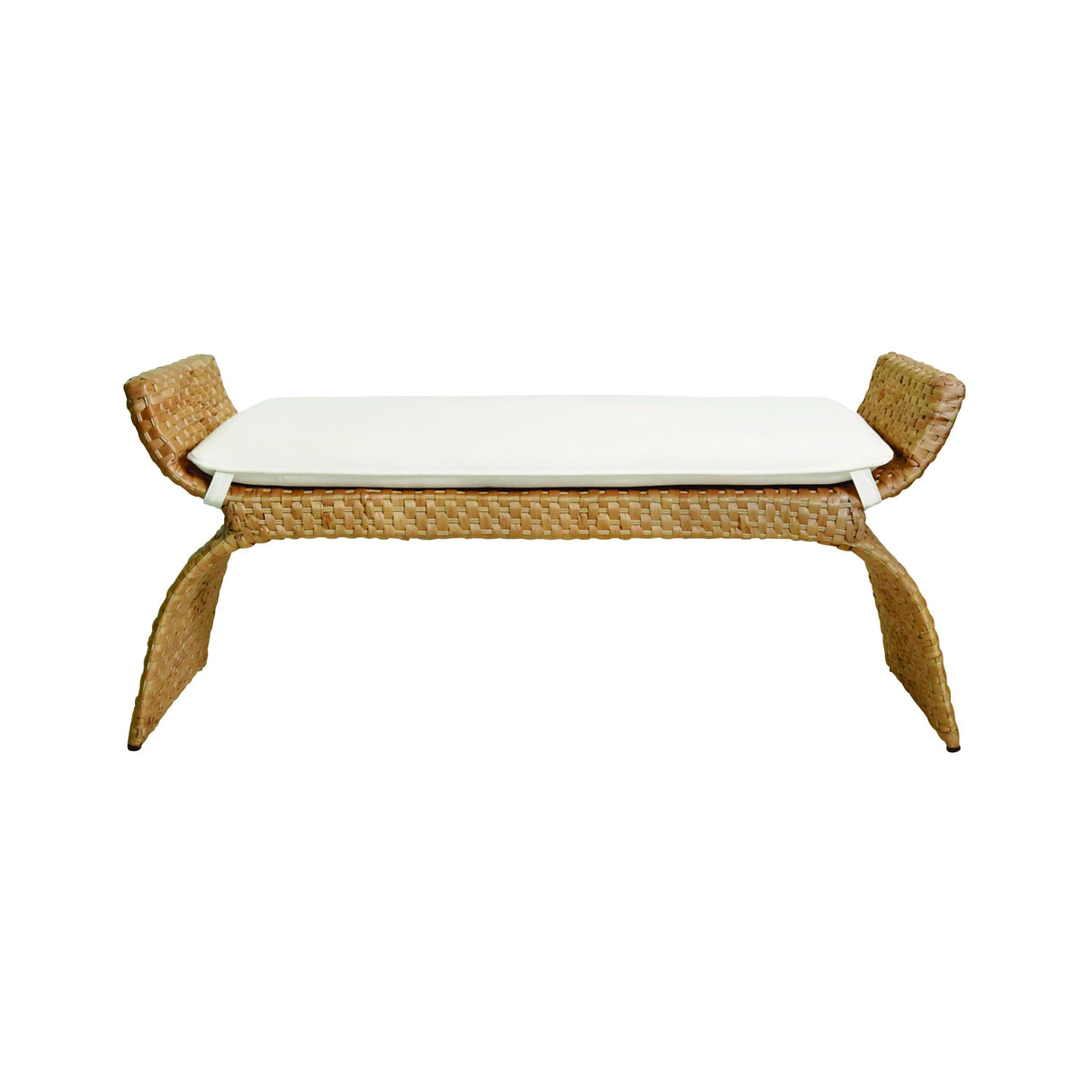 Worlds Away Arched Bench In Woven Water Hyacinth With Performance Ivory Linen Cushion