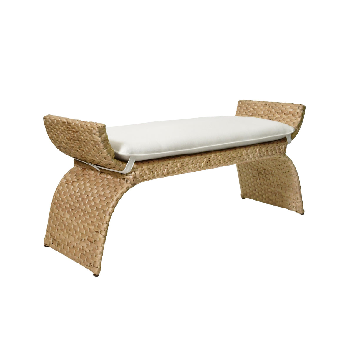 Worlds Away Arched Bench In Woven Water Hyacinth With Performance Ivory Linen Cushion