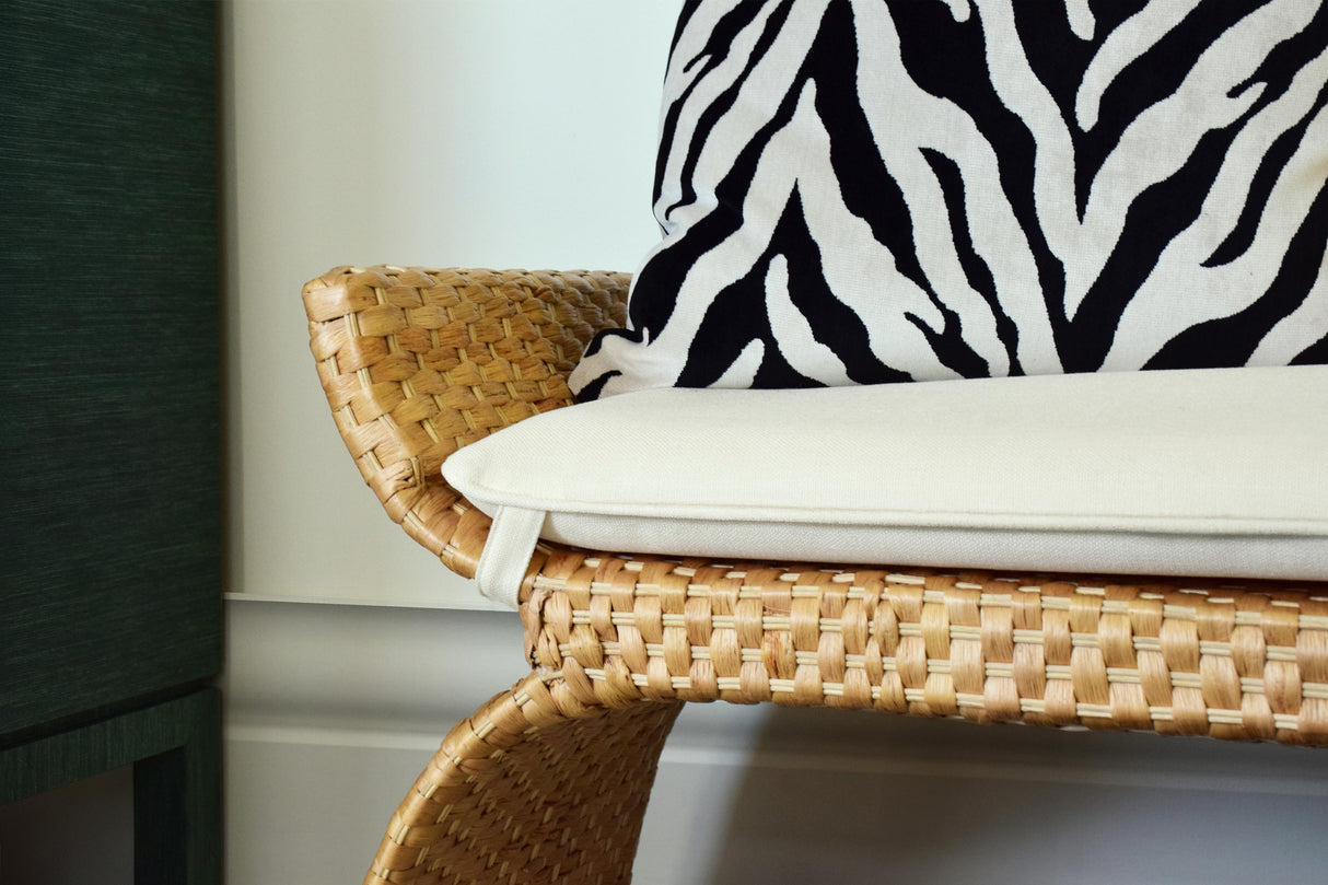 Worlds Away Arched Bench In Woven Water Hyacinth With Performance Ivory Linen Cushion