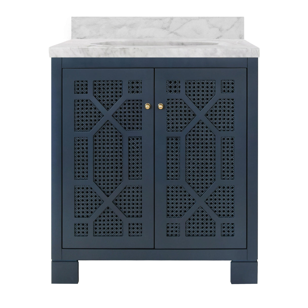 Worlds Away Bath Vanity In Matte Navy Lacquer With Cane Front Doors, White Marble Top, Porcelain Sink, And Polished Brass Knobs