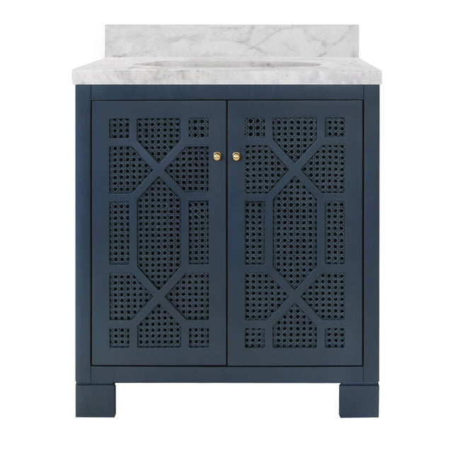 Worlds Away Bath Vanity In Matte Navy Lacquer With Cane Front Doors, White Marble Top, Porcelain Sink, And Polished Brass Knobs