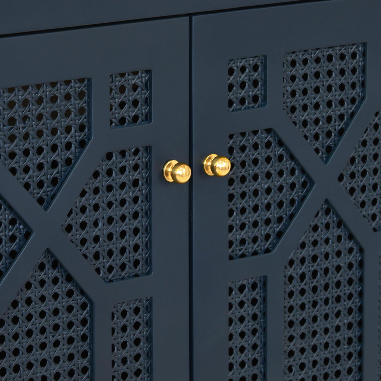 Worlds Away Bath Vanity In Matte Navy Lacquer With Cane Front Doors, White Marble Top, Porcelain Sink, And Polished Brass Knobs