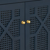 Worlds Away Bath Vanity In Matte Navy Lacquer With Cane Front Doors, White Marble Top, Porcelain Sink, And Polished Brass Knobs