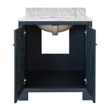 Worlds Away Bath Vanity In Matte Navy Lacquer With Cane Front Doors, White Marble Top, Porcelain Sink, And Polished Brass Knobs