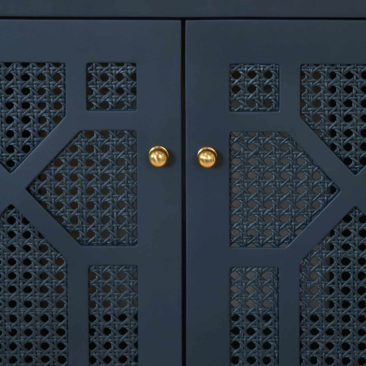 Worlds Away Bath Vanity In Matte Navy Lacquer With Cane Front Doors, White Marble Top, Porcelain Sink, And Polished Brass Knobs