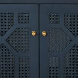 Worlds Away Bath Vanity In Matte Navy Lacquer With Cane Front Doors, White Marble Top, Porcelain Sink, And Polished Brass Knobs